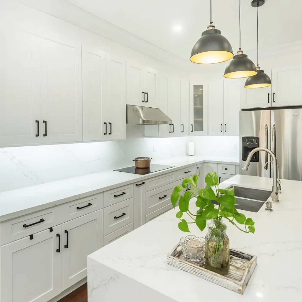 Two tone kitchen with white shaker upper cabinets and gray shaker lower cabinets matte black bar pulls calacatta quartz island with stainless undermount sink brushed nickel gooseneck faucet three dark dome pendant lights stainless range hood stainless French door refrigerator and dark hardwood flooring