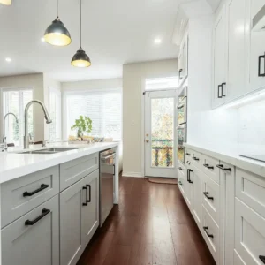 White shaker upper and lower cabinets matte black bar pulls calacatta quartz island with stainless undermount sink two dark dome pendant lights stainless dishwasher dark hardwood flooring and back door entry with natural light